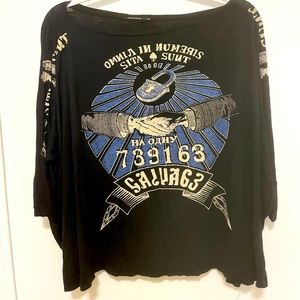 Salvage rocker tunic/ off shoulder shirt with goth print